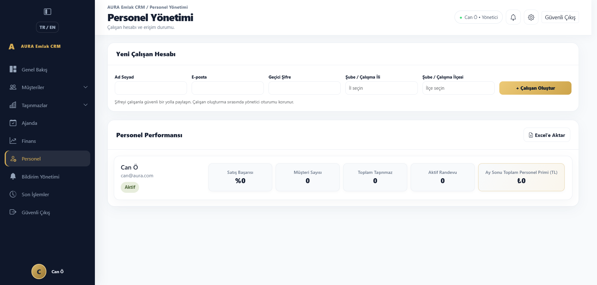Aura Emlak CRM Personel Yönetimi ekranı